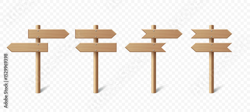 Vector Realistic Wooden Blank Sign Post Set. Realistic Road Signboard. Plywood Pointer, Timber, Directional Sign Design Template, Front View. Vector Illustration in 3D Style