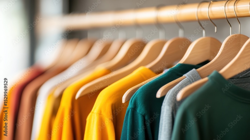 Obraz premium A vivid collection of assorted t-shirts arranged on wooden hangers, showcasing a spectrum of colors in a chic retail environment, perfect for fashion enthusiasts.