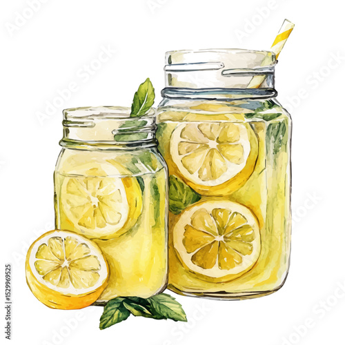 watercolor vector of Fresh Lemonade Jars Picnic, isolated on a white background.