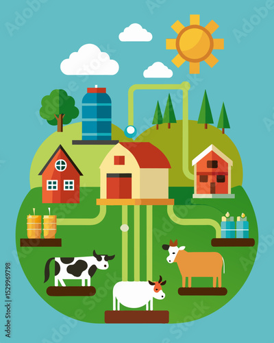 A farm incorporating livestock into their crop rotation using their manure as natural fertilizer and reducing the need for synthetic inputs.. Vector illustration