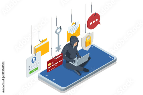 Isometric hooded hacker on a smartphone keyboard, surrounded by hooks snaring emails, login forms, credit cards, padlock icons, all flagged with red warning triangles to illustrate a phishing attack.