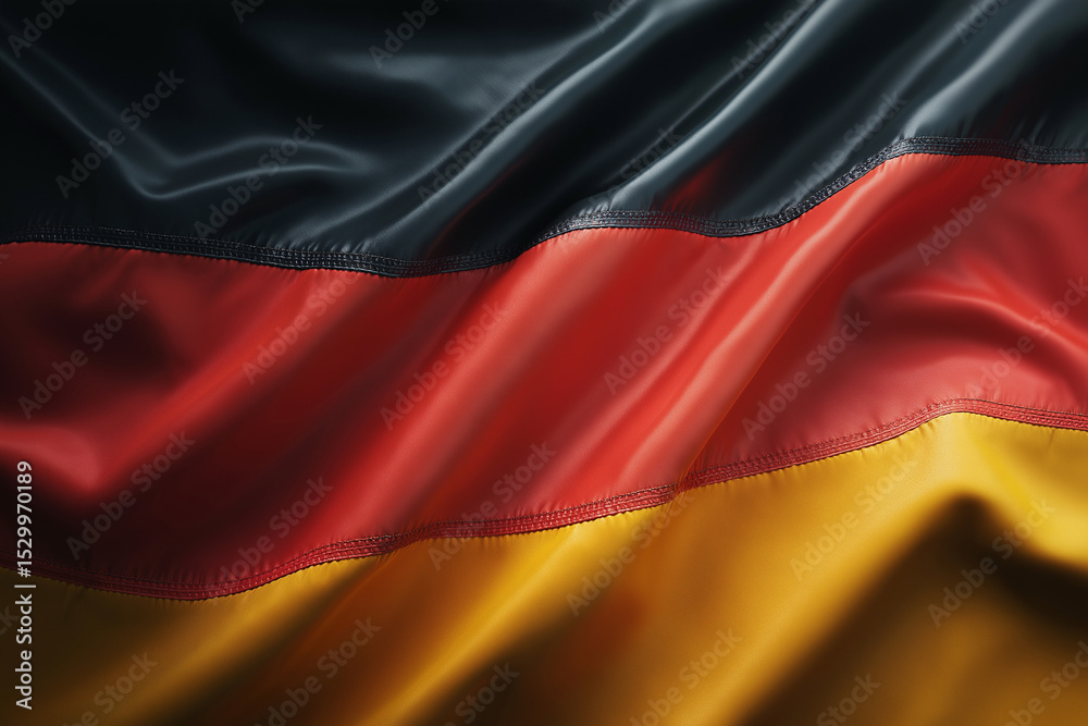 Naklejka premium German flag waving gently in the wind, black, red and gold stripes, soft natural lighting, clean white background or clear sky, calm and respectful atmosphere, symbol of national pride, AI generated