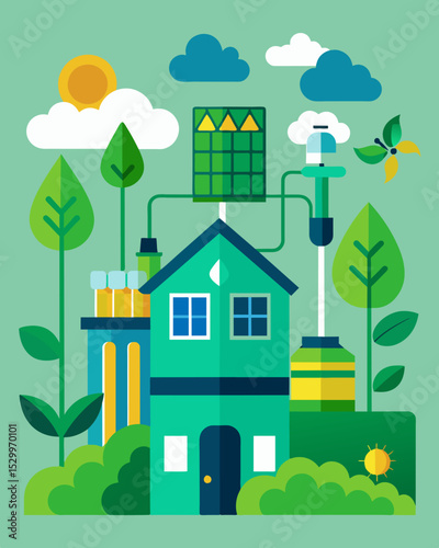 A green building featuring solar panels rainwater harvesting systems and other sustainable design elements.. Vector illustration