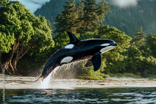 Orca Breaches the Water Near a Lush Shoreline in Early Morning Light