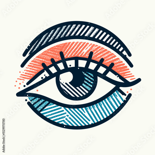 Stylized eye illustration with vibrant colors, artistic design on white background, copy space