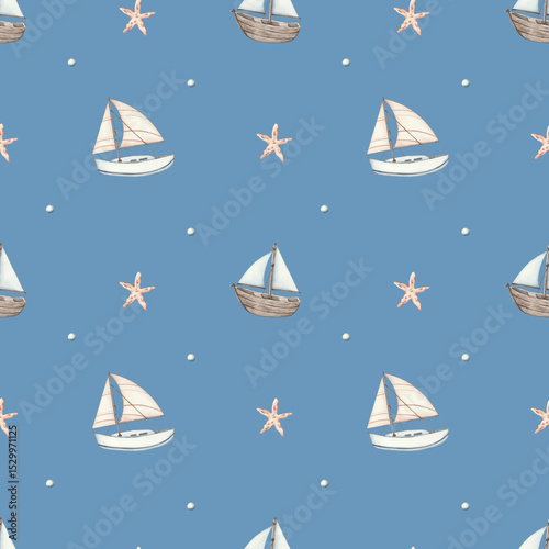 pattern of watercolor ships on a blue background
