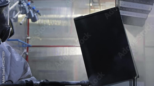 Powder coating application on metal panel, spray gun disperses even layer, Industrial painting process for corrosion protection and aesthetic durability