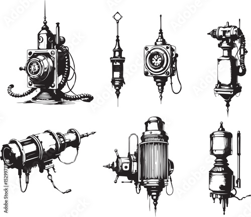 Mechanism set, retro, vintage, steampunk, cyberpunk, decorative elements. Ideal design for social media, cover, banner, flyer, music, ads.