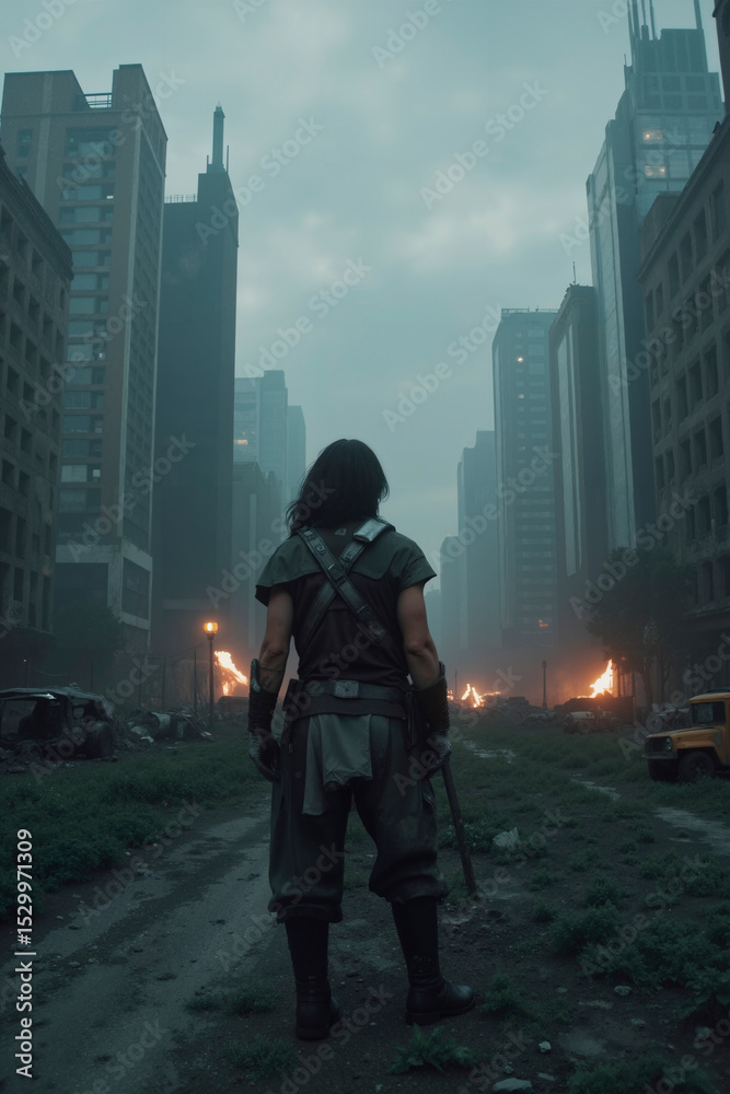 custom made wallpaper toronto digitalA man with long hair stands on a dirt path in front of a city.