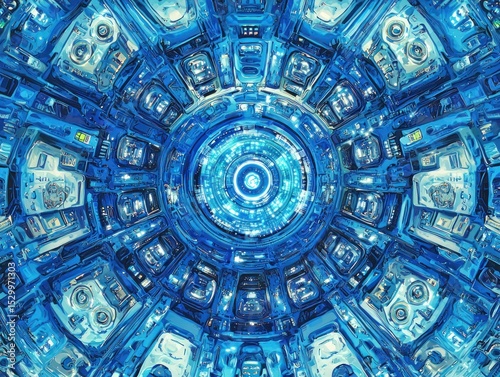 A mesmerizing, symmetrical digital artwork depicting a complex, circular technological structure with a glowing central core, radiating intricate details in shades of blue