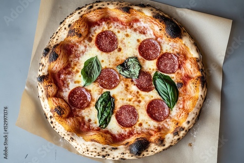 Delicious Pepperoni Pizza With Fresh Basil on a Marble Countertop Ready to En...