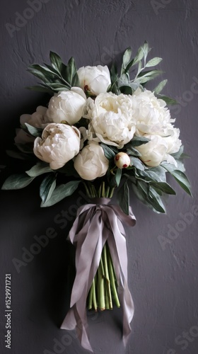 Elegant White Peony Bouquet Styled With Dark Ribbon Against Textured Background.