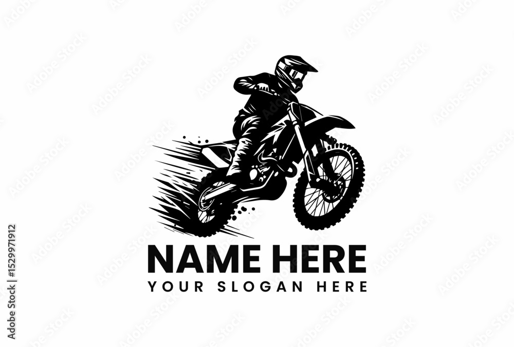 Obraz premium Stylized black vector logo featuring motocross bike mid-air with explosive dirt spray on rugged terrain