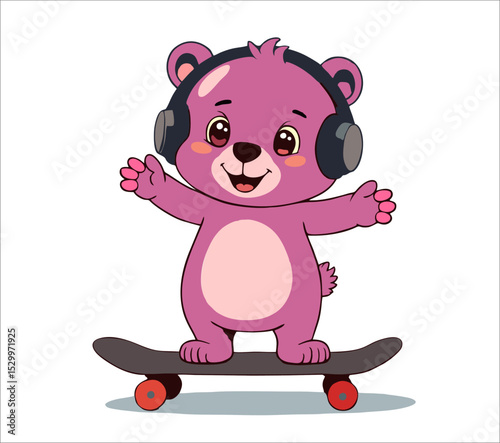 Vector fashion design for children t-shirt. 
Cute teddy pink bear on skateboard
with headphones isolated on transparent background. Cartoon print for fabric, clothing for boy and girl.