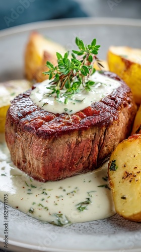 Delicious Steak Cooked to Perfection With Roasted Potatoes and Creamy Sauce.