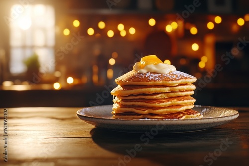 Delicious Stack of Fluffy Pancakes With Butter on Top Served in a Cozy Kitche...