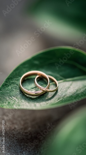 Elegant Gold Wedding Rings Resting on a Green Leaf Background in Natural Light