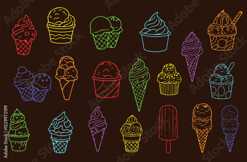 Vivid cartoon outlines of various ice cream treats, perfect for whimsical and sweet-themed designs