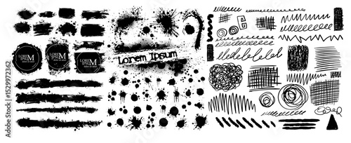 Black brush stroke set isolated on background. Paint brush stroke for ink paint, grunge design element, dirt banner, watercolor design, dirty texture. Trendy brush stroke. hand drawn. Not AI, Vector.