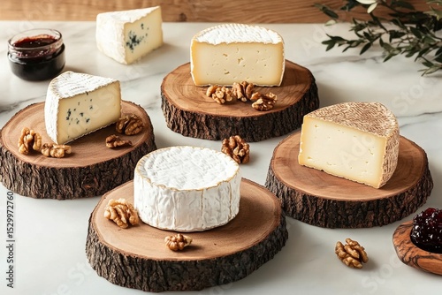 Cheese Platter With Various Types of Cheese, Nuts, and Spreads Arranged on Ru...