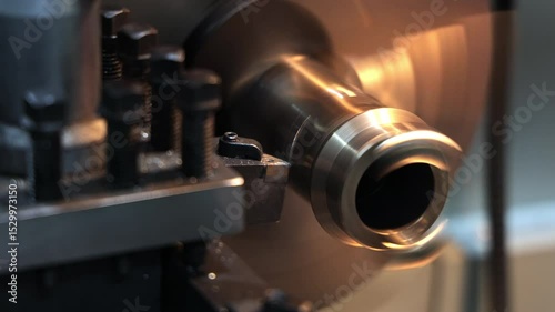 High-speed metal turning on lathe machine, cutting tool shapes steel surface, Precision machining creates smooth inner and outer cylindrical contours