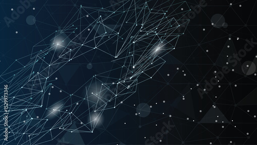 Futuristic polygonal mesh with glowing nodes, dark blue background, digital network, modern tech wallpaper