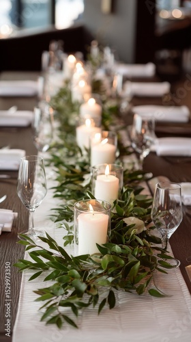 Elegant Dining Setup With Greenery and Candles for a Special Event in a Cozy ...