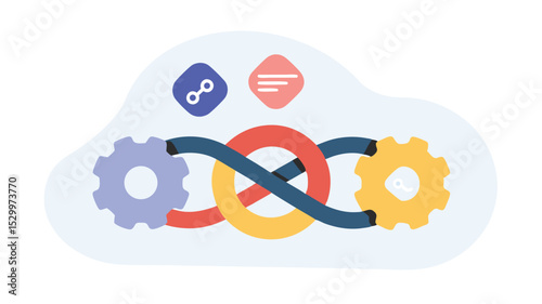 Illustration of connected gears with interlocking rings and cloud shapes in soft pastel colors