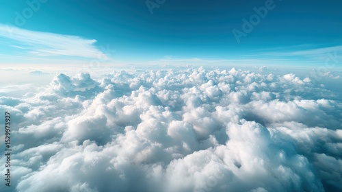 This breathtaking aerial view captures an expansive sky filled with fluffy white clouds illuminated by sunlight, conveying a sense of freedom and serenity high above the Earth.