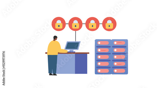 Man at computer connected to secure blockchain network with server rack nearby in illustration