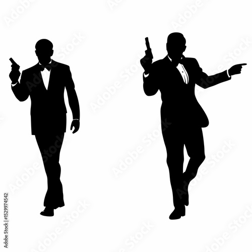 Two black silhouettes of men in suits holding guns in their hands on a white isolated background image created with generated ai