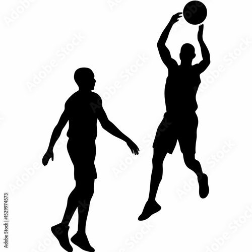 Two basketball players silhouettes one jumping to shoot the ball in a dynamic action pose on white background created with generated ai