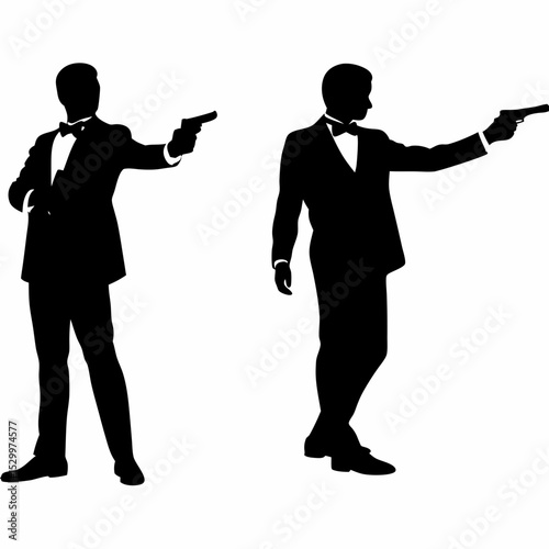 Two silhouettes of men in suits holding guns in a black and white vector illustration image style created with generated ai