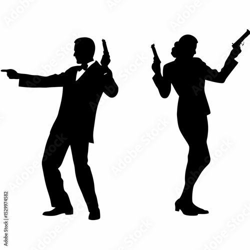 Silhouette of a man in a tuxedo pointing and a woman holding guns in a black and white image created with generated ai