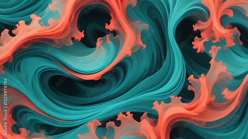 Fototapeta premium Abstract teal and coral waves flowing and swirling in a dynamic and fluid composition design