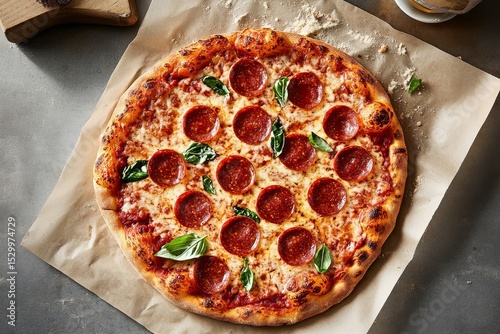 Delicious Pepperoni Pizza Topped With Fresh Basil on a Rustic Surface