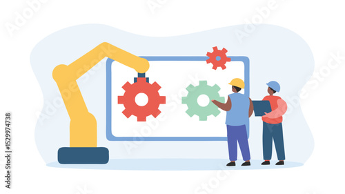 Two engineers overseeing a robotic arm assembling gears on a digital interface for automation design