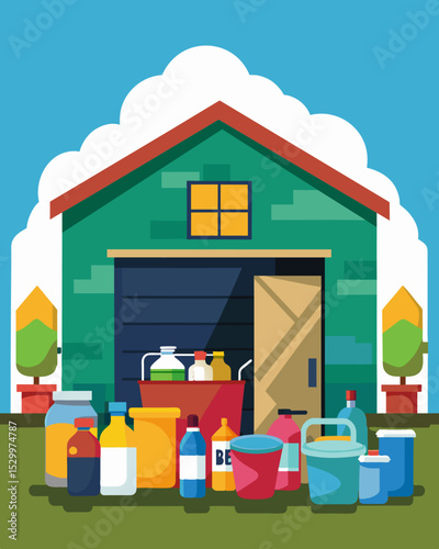 A garage cluttered with old paint cans cleaning products and other hazardous household waste that has not been properly disposed of.. Vector illustration