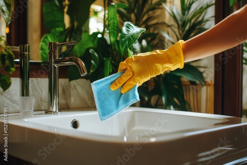 Cleaning Kitchen Sink During Evening Hours With Vibrant Plants in the Backgro...