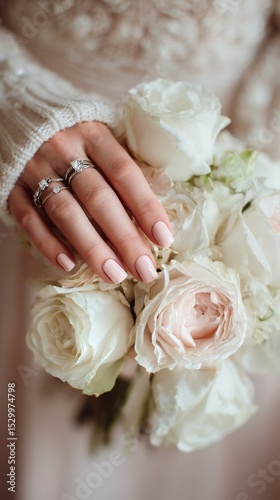 Elegant Bridal Hand Holds Bouquet of White Roses With Light Pink Accents Duri...