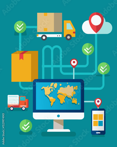 A computer program that optimizes delivery routes for businesses reducing fuel usage and ting down on packaging waste from multiple trips.. Vector illustration