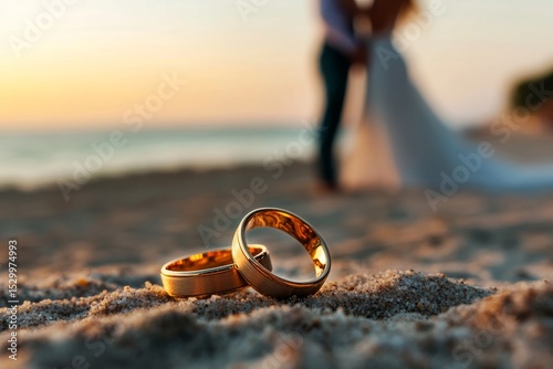 Couples Exchange Vows at Sunset on the Beach With Wedding Rings in Focus