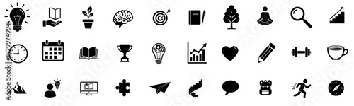 Set of 30 icons representing self-development concepts and activities