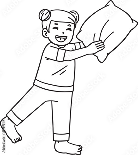 Sleepover Girl Holding a Pillow Isolated Coloring 