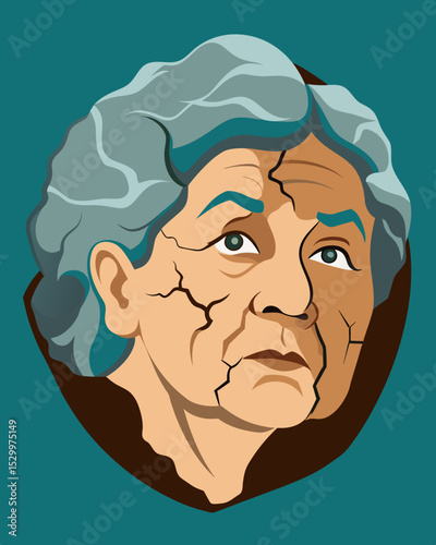 The surface of a river rock is covered in tiny cracks that radiate outwards mimicking the wrinkles on the face of the elderly woman who picked it up.. Vector illustration