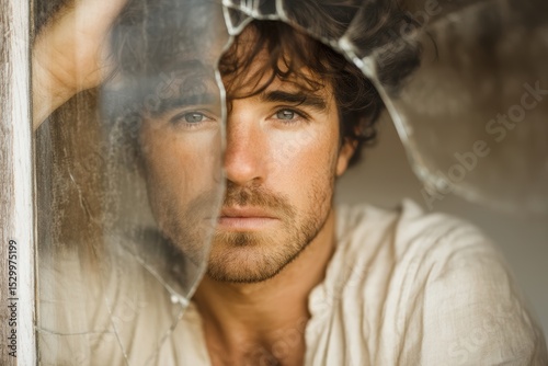 Moody portrait of a man framed by broken window Ideal for editorial use, blog headers, emotional storytelling, or digital publications reflecting solitude, identity, and poetic visuals.