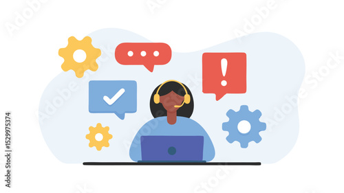 Illustration of a customer service representative with speech bubbles and gears around her