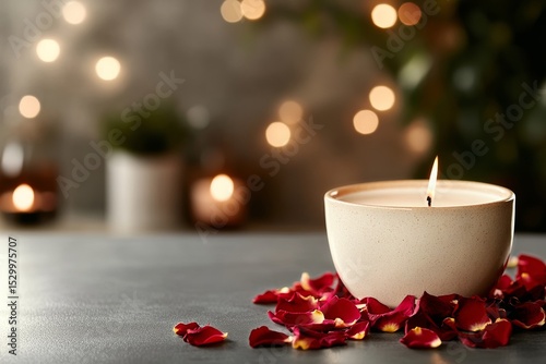 Elegant Candle With Rose Petals Creates a Serene Atmosphere in Cozy Space