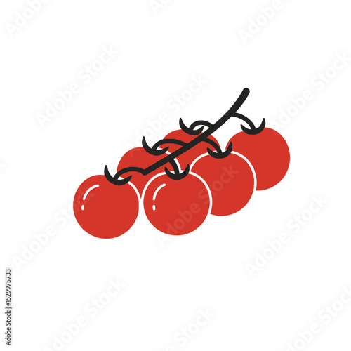 Bunch of red cherry tomatoes on branch, vector illustration. Vegan and vegetarian food ingredients, market and gardening, agriculture concept