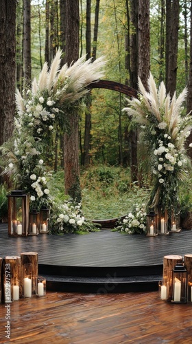 Elegant Wedding Altar Setup in a Serene Forest Location With Lush Greenery an...